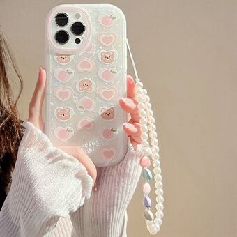 For iPhone 13 Pro Max Mobile Phone Case Peach Bear Pattern Decor Phone Shell TPU Case with Pearl Chain