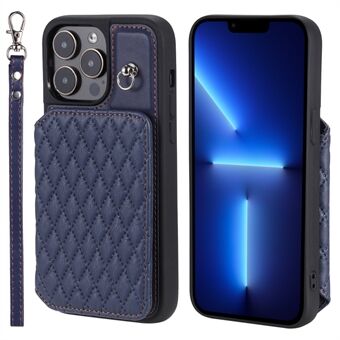 Style 008 Kickstand Phone Cover for iPhone 13 Pro Max 6.7 inch , PU Leather+TPU RFID Blocking Card Holder Shell with Wrist Strap