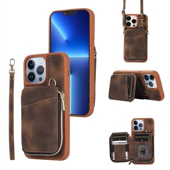 For iPhone 13 Pro Max Slim-Fit Phone Cover Zipper Wallet Phone Cover Kickstand PU Leather+TPU Shell