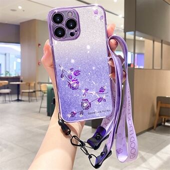 TPU Phone Cover for iPhone 13 Pro Max 6.7 inch , Flower Design Rhinestone Glitter Case with Strap