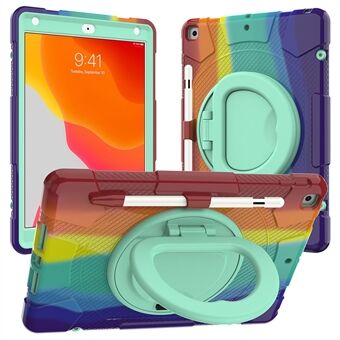 For iPad 10.2 (2019)/(2020)/(2021) P8 Rainbow Color PC + Silicone Hybrid Tablet Case 360 Degree Rotation Kickstand and Shoulder Strap