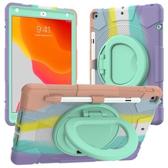 For iPad 10.2 (2019)/(2020)/(2021) P8 Rainbow Color PC + Silicone Hybrid Tablet Case 360 Degree Rotation Kickstand and Shoulder Strap