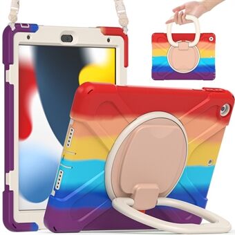 For iPad 10.2 (2021) / (2019) / (2020) Hand Grip Rotary Kickstand Tablet Case PC+Silicone Tablet Cover with Shoulder Strap