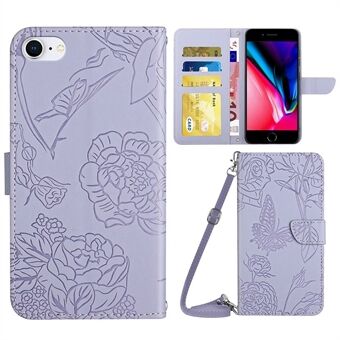 For iPhone SE (2022)/(2020)/8 4.7 inch/7 4.7 inch Butterflies Flower Imprinted Stand Leather Case Wallet Cover with Shoulder Strap