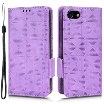 For iPhone 7 / 8 4.7 inch / SE (2020) / SE (2022) Wallet Stand Design PU Leather Anti-shock Case Triangle Pattern Imprinted Flip Phone Shell with Strap