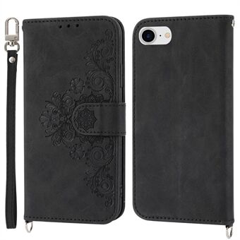 For iPhone 8 / 7 / SE (2020) / SE (2022) Imprinted Flowers Pattern Skin-touch Leather Shell Case Stand Wallet Cover with Wrist Strap and Shoulder Strap