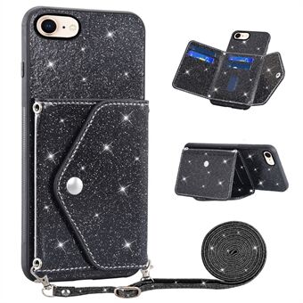 For iPhone 7 / 8 / SE (2020) / SE (2022) Kickstand Phone Case PU Leather+TPU Glittery Powder Cover with Card Holder