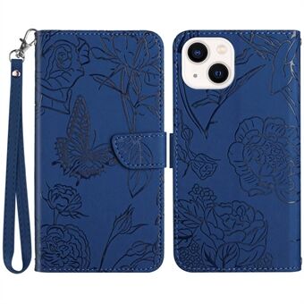 For iPhone 14 6.1 inch Imprinting Butterfly Flowers Skin-touch Phone Case PU Leather Stand Wallet Shell with Handy Strap