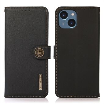 KHAZNEH For iPhone 14 6.1 inch RFID Blocking Stand Wallet Case Genuine Leather TPU Interior Magnetic Protect Flip Cover