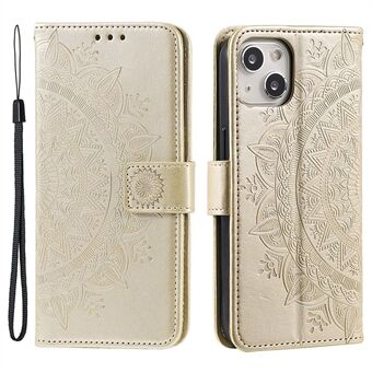 For iPhone 14 6.1 inch Imprinted Mandala Flower Pattern Folding Stand PU Leather Case Magnetic Clasp Wallet Flip Cover with Strap