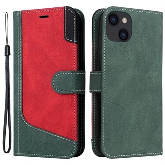 Tri-color Splicing Shockproof Phone Cover for iPhone 14 6.1 inch, Stand Wallet PU Leather Case with Strap