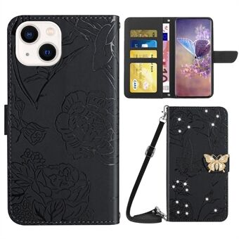 For iPhone 14 6.1 inch Anti-drop Butterfly Flowers Imprinted Rhinestone Decor Phone Cover Wallet Stand Leather Case with Shoulder Strap