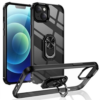 For iPhone 14 6.1 inch Ring Holder Kickstand Anti-scratch PC + TPU Hybrid Phone Case with Built-in Metal Sheet