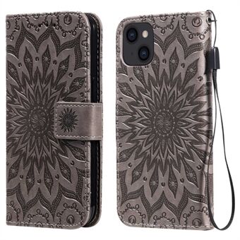 KT Imprinting Flower Series-1 for iPhone 14 6.1 inch Anti-drop Flip Wallet Case Stand Sunflower Imprinting PU Leather Phone Protective Cover with Strap