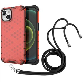 For iPhone 14 6.1 inch Honeycomb Textured Design Translucent Back Cover Soft TPU Hard PC Air Cushion Protection Case with Lanyard