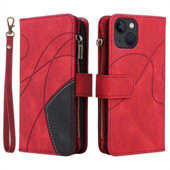 For iPhone 14 6.1 inch Shockproof Color Splicing PU Leather Stand Cover 9-Card Design Flip Zipper Wallet Phone Case with Wrist Strap