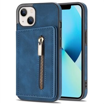 For iPhone 14 6.1 inch PU Leather Coated TPU Phone Case Kickstand Anti-scratch Back Cover with Zipper Pocket Card Holder