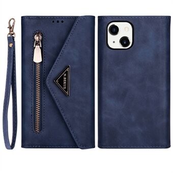 For iPhone 14 6.1 inch Anti-scratch Phone Case PU Leather Skin-touch Feeling Zipper Wallet Stand Cover with Short + Long Strap