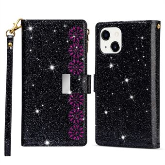 For iPhone 14 6.1 inch Anti-scratch Flip Leather Case, Laser Carving Glittery Starry Style Zipper Wallet Stand with Strap