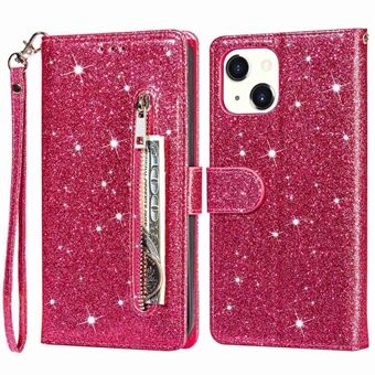 For iPhone 14 6.1 inch Zipper Pocket Glittery PU Leather Case Wallet Stand Magnetic Clasp Anti-fall Phone Cover