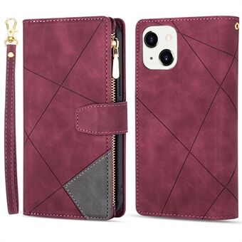 For iPhone 14 6.1 inch Color Splicing Stand Wallet Leather Shell Imprinting Lines Full Coverage Mobile Phone Case with Zipper Pocket