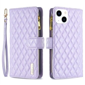 BINFEN COLOR for iPhone 14 6.1 inch BF Style-15 Zipper Pocket Imprinted Rhombus Pattern Case Flip Stand Matte PU Leather Wallet Cover