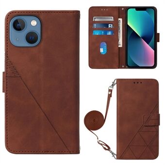 For iPhone 14 6.1 inch YB Imprinting Series-2 Business Style Imprinted Lines Case Wallet Stand PU Leather Phone Cover with Shoulder Strap