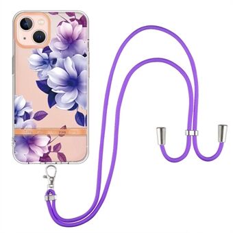 YB IMD-11 Series for iPhone 14 6.1 inch Flower Pattern Electroplating Phone Cover IMD TPU Protective Case with Lanyard