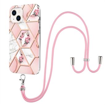 For iPhone 14 6.1 inch YB IMD Series-4 IMD IML Electroplating Phone Case Marble Flower Pattern Soft TPU Cover with Lanyard