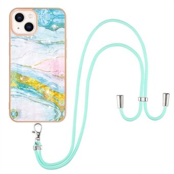 For iPhone 14 6.1 inch YB IMD Series-9 Marble Pattern Protective Case Soft TPU Electroplating Frame IMD Back Cover with Lanyard