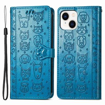 Imprinted Cat Dog Pattern Phone Cover for iPhone 14 6.1 inch, PU Leather + TPU All-round Protection Wallet Stand Case