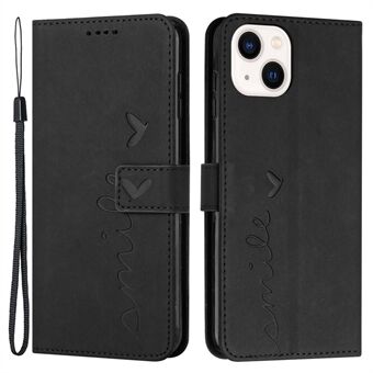 Skin-touch Heart Shape Imprinted Case for iPhone 14 6.1 inch, PU Leather Stand Wallet Magnetic Clasp Phone Cover with Strap