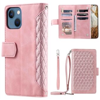 005 Style For iPhone 14 6.1 inch, Shockproof Zipper Pocket Flip Wallet Case Stand PU Leather Rhombus Texture Protective Phone Cover with Strap Card Holder