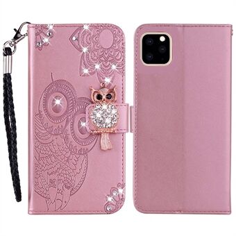 Rhinestone Decor Leather Case for iPhone 14 6.1 inch, Owl Flower Imprinted Phone Wallet Stand Cover