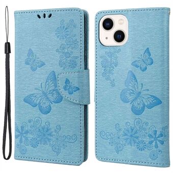 For iPhone 14 6.1 inch PU Leather Big Butterflies Flower Pattern Imprinting Phone Cover Stand Function Wallet Flip Magnetic Case with Strap