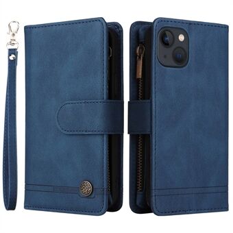 For iPhone 14 6.1 inch Drop Resistant Skin-touch Stripes Imprinted Leather Cover Card Slots Flip Wallet Stand Protective Case with Zipper Pocket