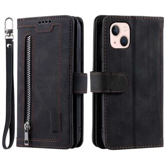 For iPhone 14 6.1 inch Zipper Pocket Design 9 Card Slots PU Leather Case Magnetic Closure Stand Wallet Cover with Strap