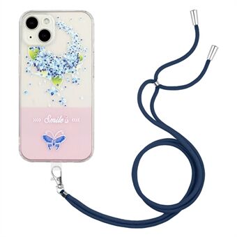 For iPhone 14 6.1 inch Shockproof Embossment Lacquered Butterfly Pattern Soft TPU Phone Case with Adjustable Lanyard