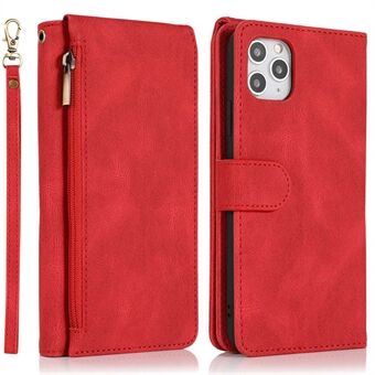 Skin-touch Leather Case for iPhone 14 6.1 inch, Wallet Stand Full Protection Multiple Card Slots Phone Cover with Hand Strap