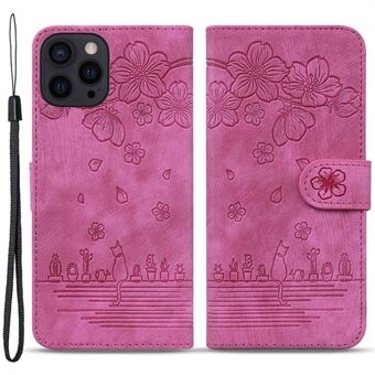 Cherry Blossom Cat Imprinted Case for iPhone 14 6.1 inch, Stand PU Leather Anti-drop Phone Wallet Cover with Strap