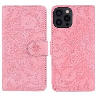 For iPhone 14 6.1 inch Imprint Flower Phone Cover Well-protected Wallet Design Calf Texture Leather Cover with Stand