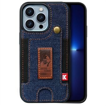 For iPhone 14 6.1 inch Card Slot Design Hand Strap Jeans Cloth + Leather Coated TPU Phone Case