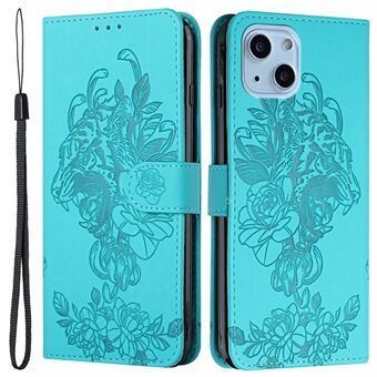 For iPhone 14 6.1 inch PU Leather Case Wallet Stand Function Tiger Head Imprinted Flip Cover with Wrist Strap