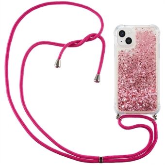 For iPhone 14 6.1 inch Glitter Flowing Liquid Floating Phone Case Quicksand Clear Soft TPU Protective Cover with Adjustable Lanyard