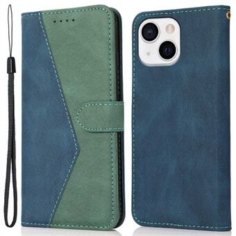 For iPhone 14 6.1 inch Dual-color Splicing PU Leather Wallet Stand Folio Flip Case Cover with Wrist Strap