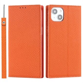 Genuine Leather Case for iPhone 14 6.1 inch, Litchi Texture Drop-proof Phone Wallet Stand Cover with Hand Strap