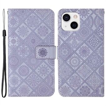 For iPhone 14 6.1 inch Ethnic Style Flower Imprinted Case Anti-scratch PU Leather Stand Wallet Feature Phone Shell