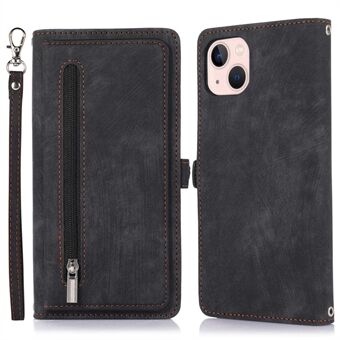 For iPhone 14 6.1 inch Zipper Pocket Design 9 Card Slots Phone Wallet Case PU Leather Stand Shockproof Cover with Wrist Strap