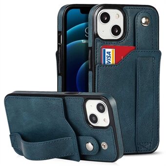 For iPhone 14 6.1 inch Hand Strap Kickstand Design Leather Coated TPU Phone Case RFID Blocking Card Slots Cover