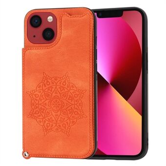 For iPhone 14 6.1 inch Mandala Flower Imprint Card Slot Kickstand Leather Coated TPU Phone Case Anti-scratch Cover with Wrist Strap